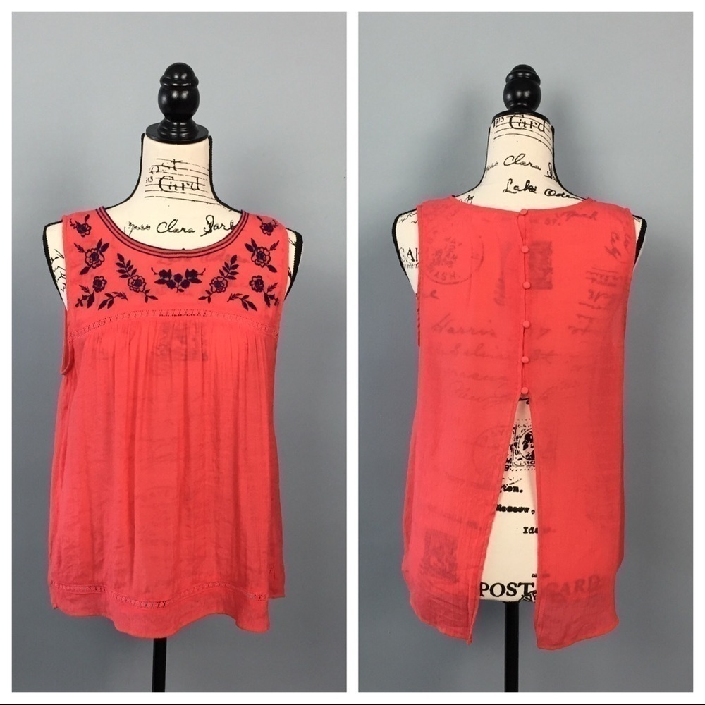 𝅺mine Bright Salmon Navy Embroidered Open Back Top